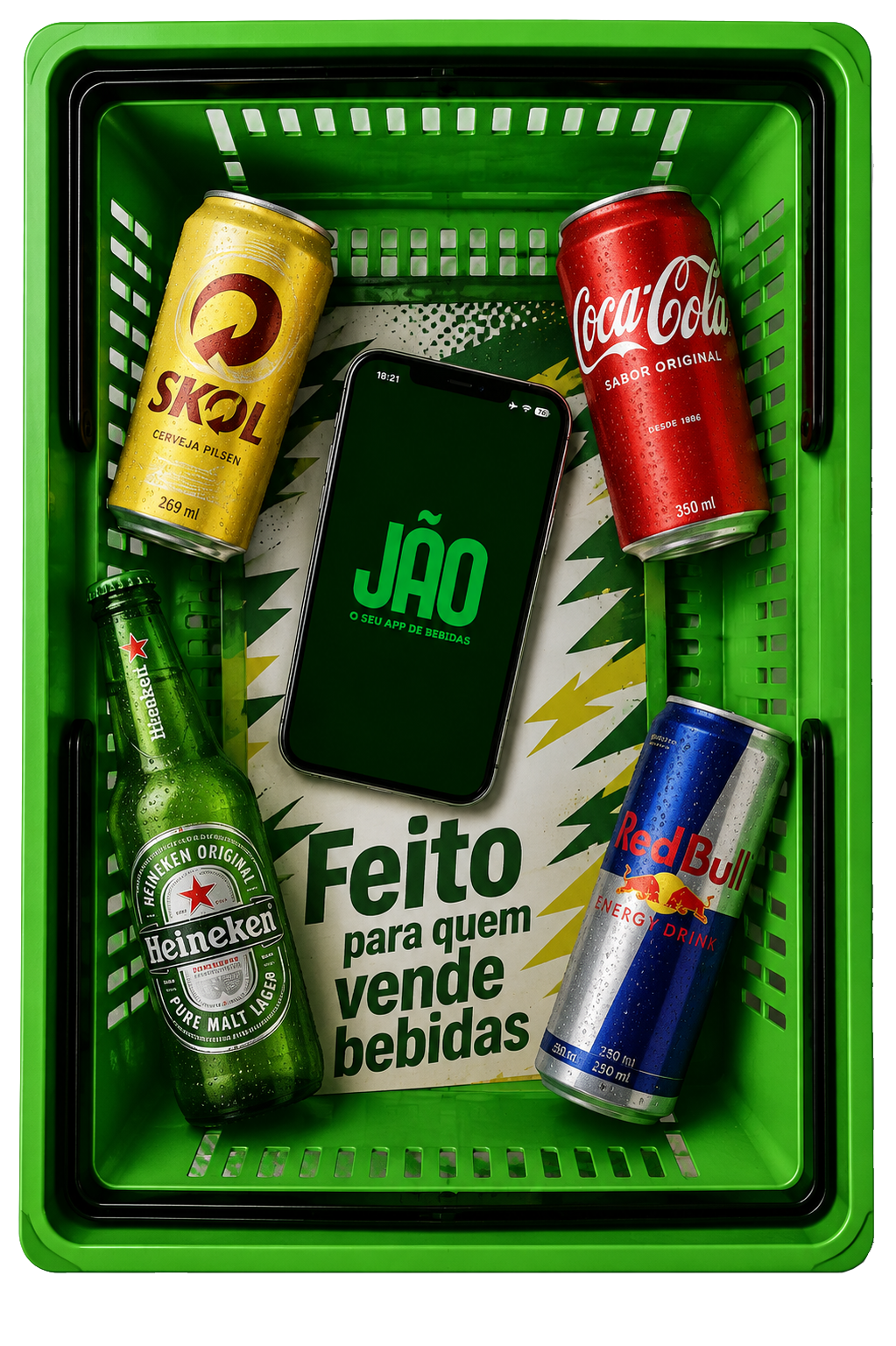 Cesta de compras verde com bebidas e a frase Feito para quem vende bebidas